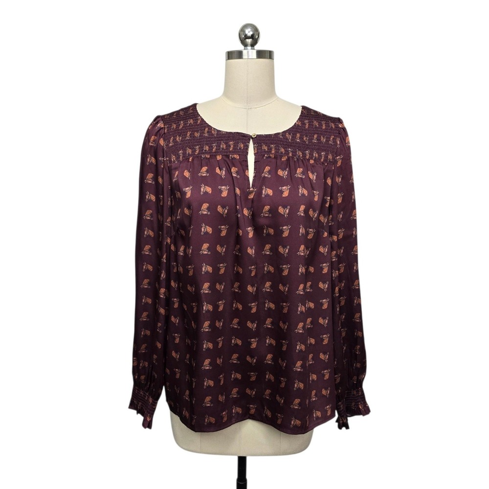 Talbots Womens Burgundy Equestrian Horse Print Smocked Yoke Satin Blouse Large